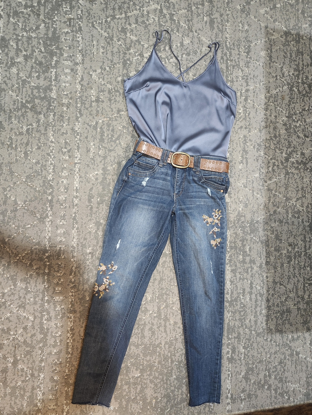 Democracy Blue Skinny Jeans with Gold Floral Embroidery